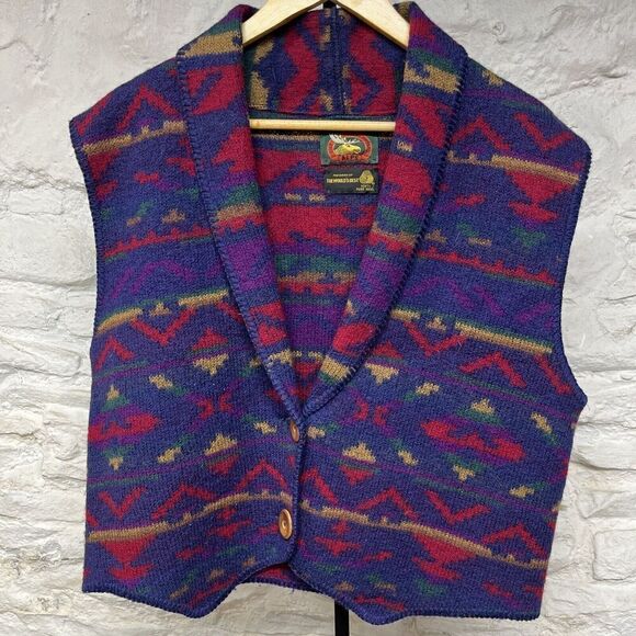 Vtg 90s ALPS Southwestern Aztec Print Wool Shawl Collar Sweater Vest Cardigan - Picture 1 of 7